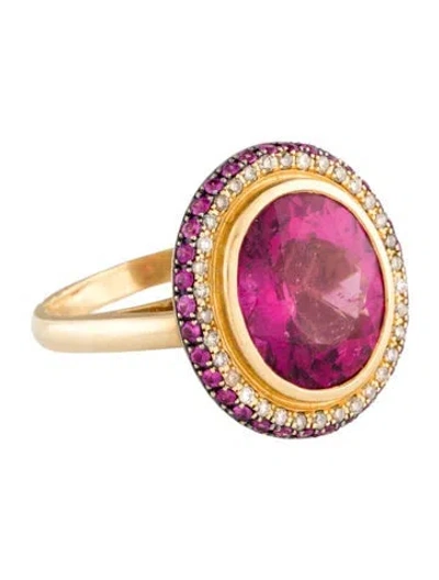 Pre-owned Ring 18k Tourmaline, Ruby & Diamond Cocktail  In Multi
