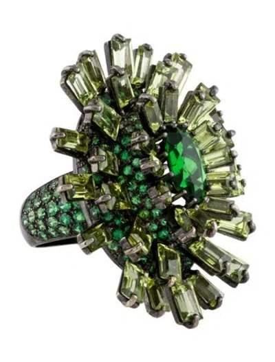 Pre-owned Ring 18k Tsavorite, Peridot & Glass Sunburst Cocktail  In Multi