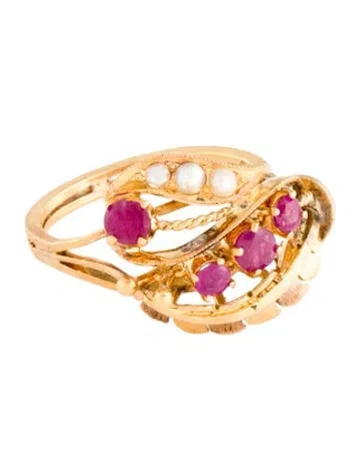 Pre-owned Ring 20k Pearl & Ruby Feather Cocktail  In Multi