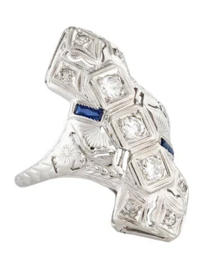 Pre-owned Ring Art Deco 18k Diamond & Sapphire Cocktail  In Multicolor