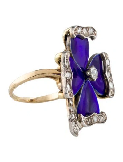 Pre-owned Ring Diamond & Enamel Flower  In Blue