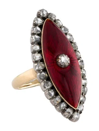 Pre-owned Ring Diamond & Enamel Navette  In Red