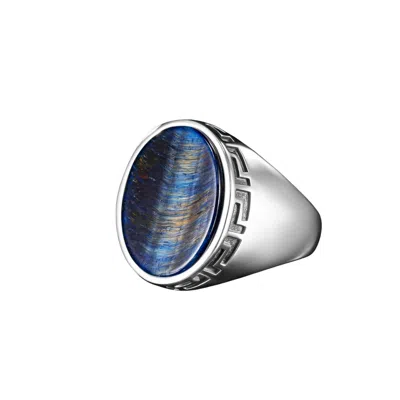 Ring Of The King Sterling Silver Ring With Greek Pattern And Oval Blue Lapis Lazuli Stone For Men