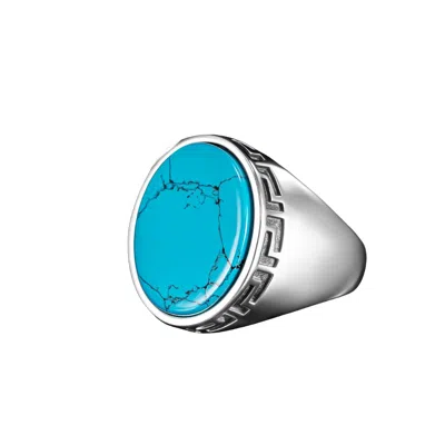 Ring Of The King Sterling Silver Ring With Greek Pattern And Oval Blue Turquoise Stone For Men