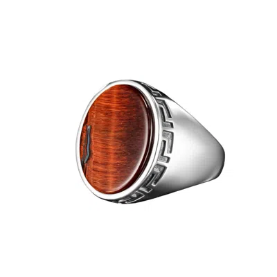Ring Of The King Sterling Silver Ring With Greek Pattern And Oval Brown Jasper Stone For Men