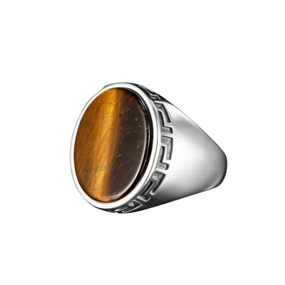 Ring Of The King Sterling Silver Ring With Greek Pattern And Oval Brown Tiger Eye Stone For Men