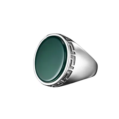 Ring Of The King Sterling Silver Ring With Greek Pattern And Oval Green Agate Stone For Men