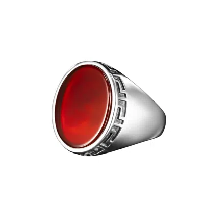 Ring Of The King Sterling Silver Ring With Greek Pattern And Oval Red Agate Stone For Men