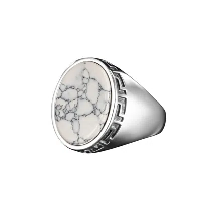 Ring Of The King Sterling Silver Ring With Greek Pattern And Oval White Buffalo Stone For Men