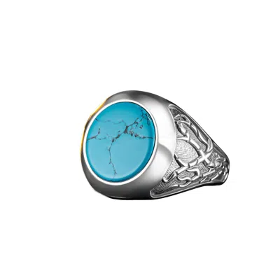 Ring Of The King Sterling Silver Ring With Root Pattern And  Round Blue Turquoise Stone For Men