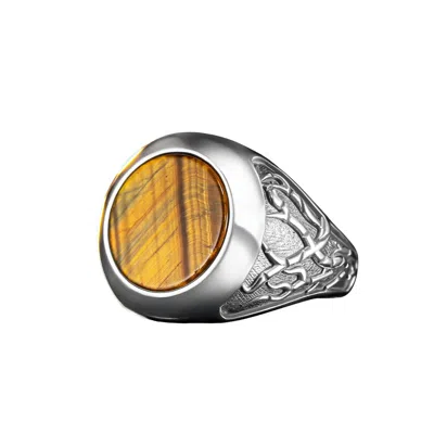 Ring Of The King Sterling Silver Ring With Root Pattern And  Round Brown Tiger Eye Stone For Men