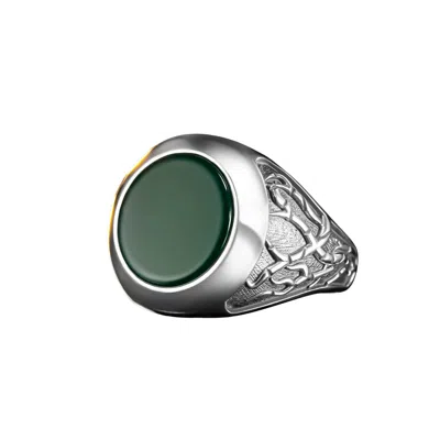 Ring Of The King Sterling Silver Ring With Root Pattern And  Round Green Agate Stone For Men