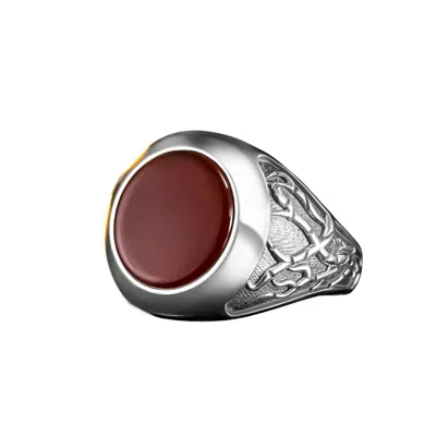 Ring Of The King Sterling Silver Ring With Root Pattern And  Round Red Agate Stone For Men