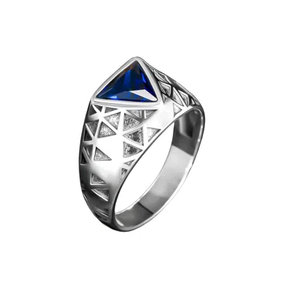 Ring Of The King Sterling Silver Ring With Triangle Blue Sapphire Stone For Men