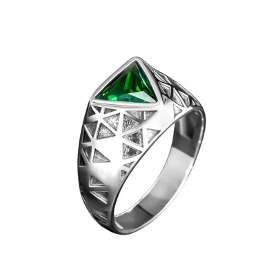 Ring Of The King Sterling Silver Ring With Triangle Green Emerald Stone For Men