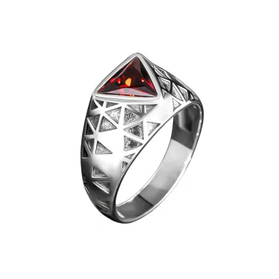 Ring Of The King Sterling Silver Ring With Triangle Red Ruby Stone For Men