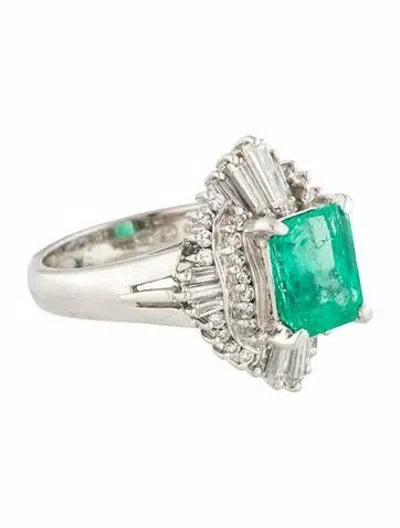 Pre-owned Ring Platinum 1.65ct Colombian Emerald & Diamond Cocktail  In Multi