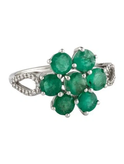 Pre-owned Ring Platinum 1.75ctw Emerald & Diamond Flower Cocktail  In Multicolor