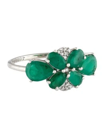 Pre-owned Ring Platinum 1.83ct Emerald & Diamond Floral Cocktail  In Multicolor