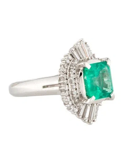 Pre-owned Ring Platinum 2.09ct Emerald & Diamond Cocktail  In Multi