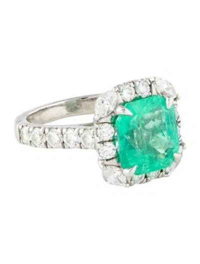 Pre-owned Ring Platinum 3.45ct Colombian Emerald & Diamond Cocktail  In Multi