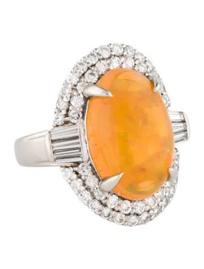 Pre-owned Ring Platinum 5.86ct Fire Opal & Diamond Cocktail  In Multi
