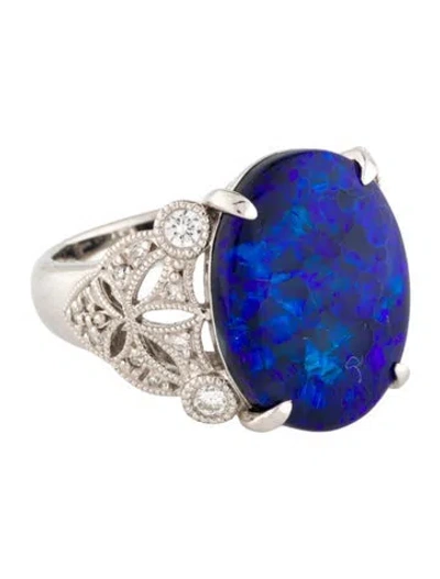Pre-owned Ring Platinum 7.68ct Black Opal & Diamond Cocktail  In Multi