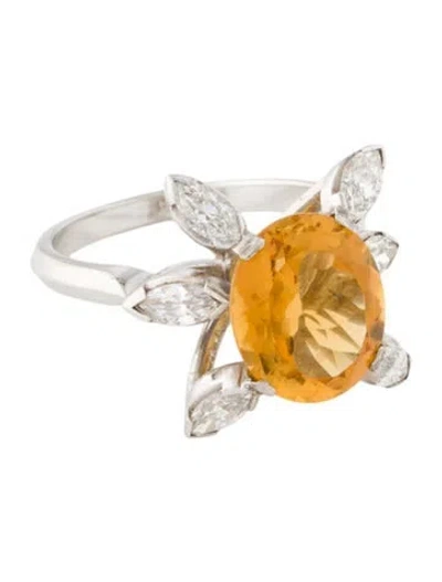 Pre-owned Ring Platinum Citrine & Diamond Cocktail  In Orange