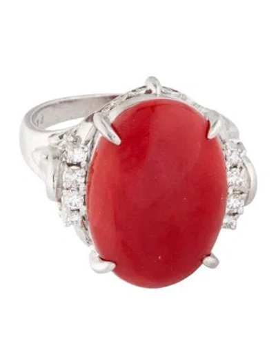 Pre-owned Ring Platinum Coral & Diamond Cocktail  In Multi