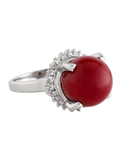 Pre-owned Ring Platinum Coral & Diamond Cocktail  In Multi