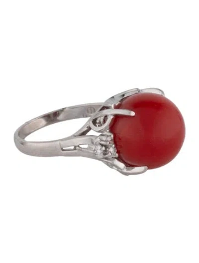 Pre-owned Ring Platinum Coral & Diamond Cocktail  In Multi