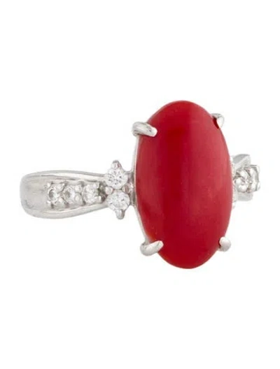 Pre-owned Ring Platinum Coral & Diamond Cocktail  In Multi