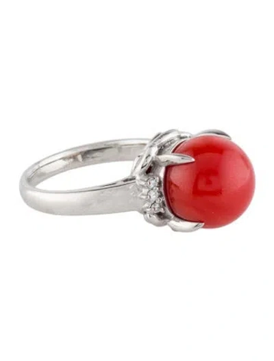Pre-owned Ring Platinum Coral & Diamond Cocktail  In Multicolor