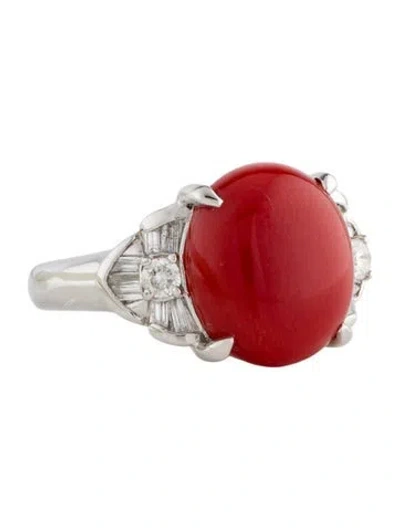 Pre-owned Ring Platinum Coral & Diamond Cocktail  In Red