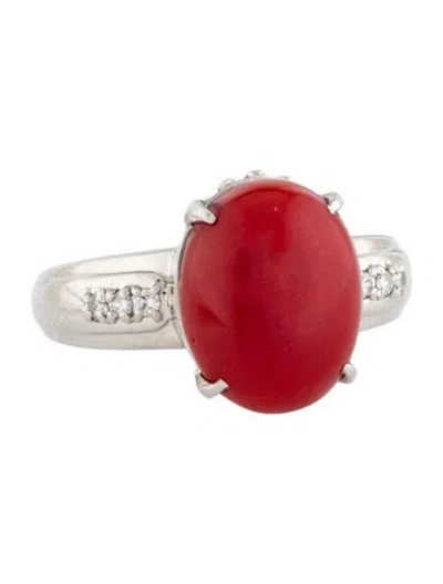 Pre-owned Ring Platinum Coral & Diamond Cocktail  In Red
