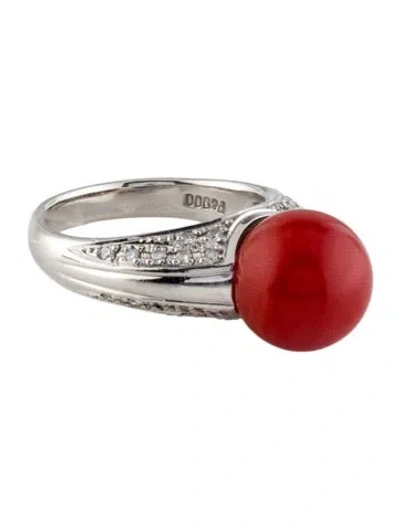 Pre-owned Ring Platinum Coral & Diamond Cocktail  In Red