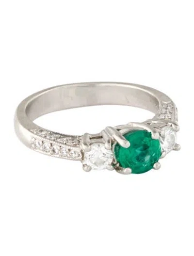 Pre-owned Ring Platinum Emerald & Diamond Cocktail  In Multi
