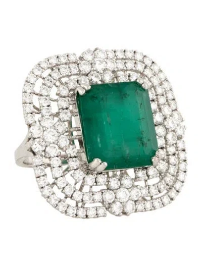 Pre-owned Ring Platinum Emerald & Diamond Halo Cocktail In Multicolor
