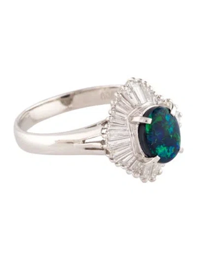 Pre-owned Ring Platinum Opal & Diamond Cocktail  In Multi
