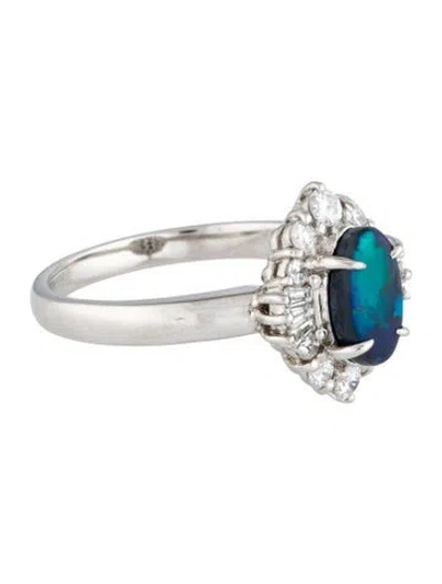 Pre-owned Ring Platinum Opal & Diamond Cocktail  In Multi