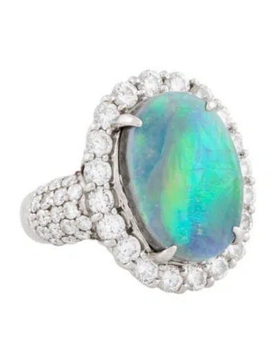 Pre-owned Ring Platinum Opal & Diamond Cocktail  In Multi