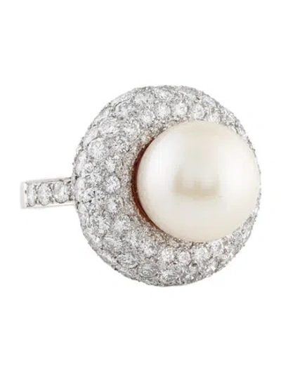 Pre-owned Ring Platinum Pearl & 6.23ctw Diamond Cocktail  In Multi