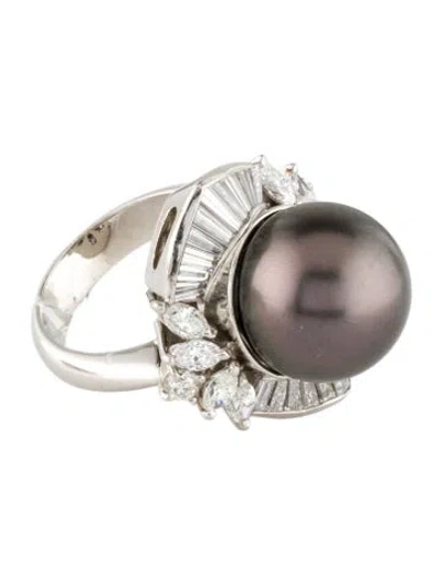 Pre-owned Ring Platinum Pearl & Diamond Cocktail  In Multi