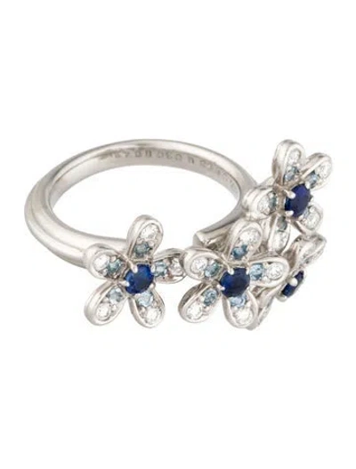 Pre-owned Ring Platinum Sapphire, Diamond & Aquamarine Floral  In Multi