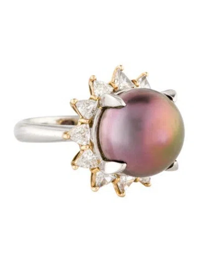 Pre-owned Ring Platinum Tahitian & Diamond Cocktail  In Multi
