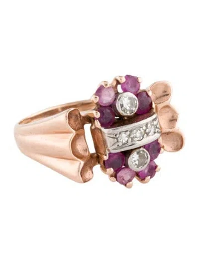 Pre-owned Ring Retro 14k Diamond & Ruby Cocktail  In Multi