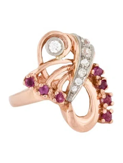 Pre-owned Ring Retro 14k Ruby & Diamond Cocktail  In Multi