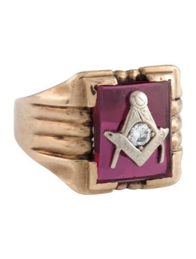 Pre-owned Ring Synthetic Ruby & Diamond Masonic Signet  In Multicolor