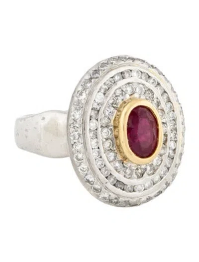 Pre-owned Ring Two-tone Ruby & Diamond Cocktail  In Multi