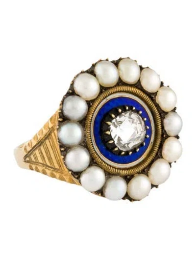 Pre-owned Ring Victorian Pearl, Enamel & Diamond Cocktail  In Multicolor